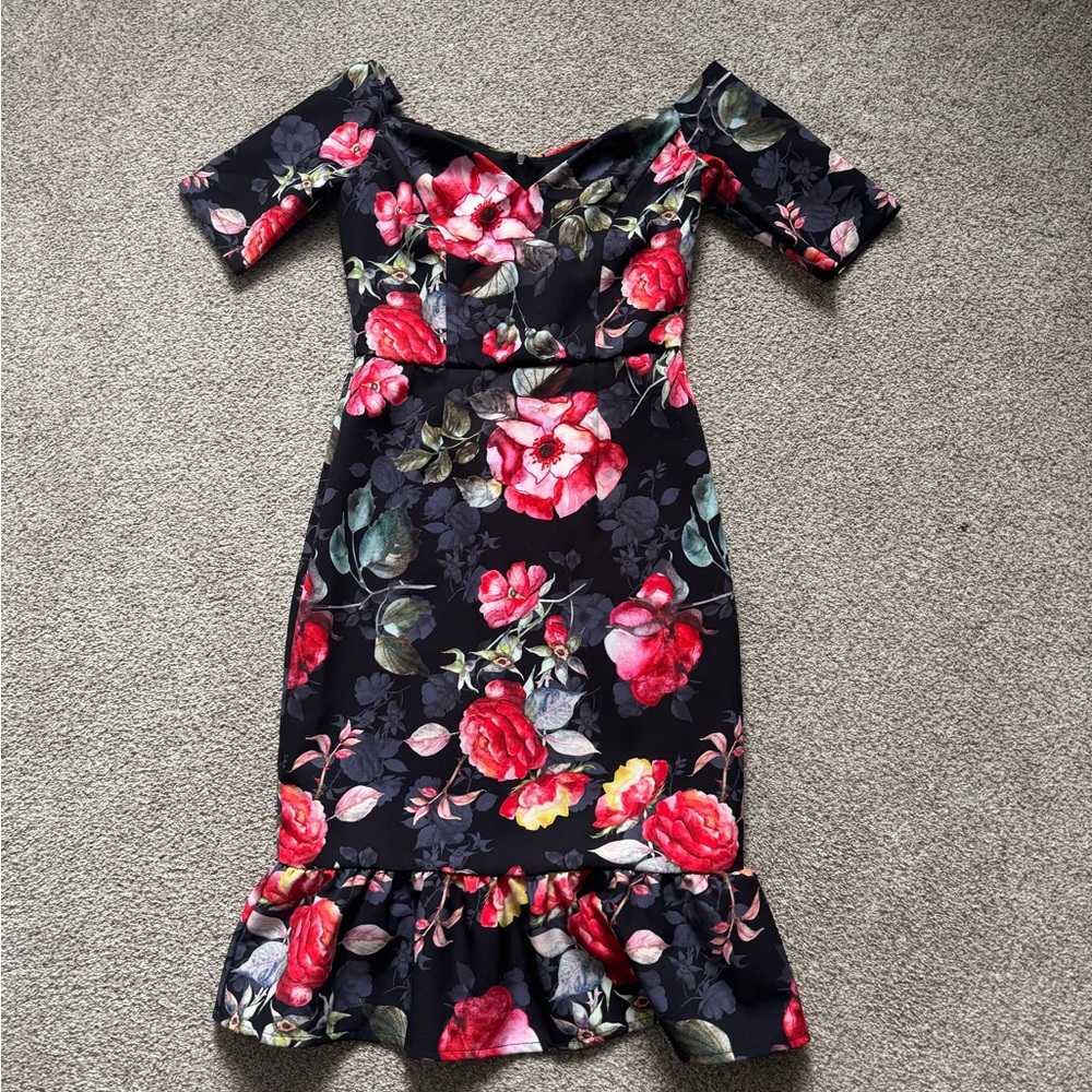 Chic Floral Black Midi Dress